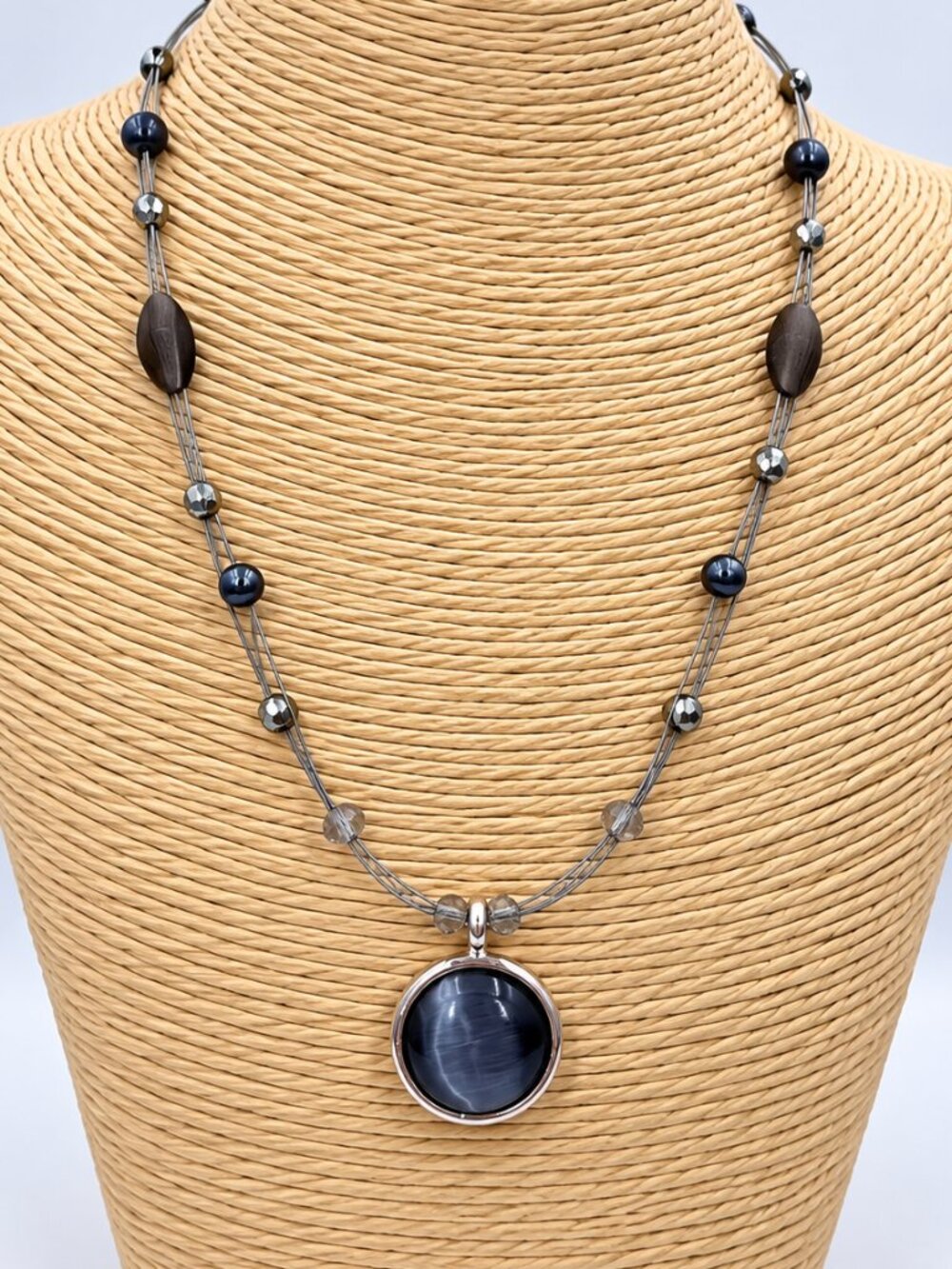 New York & Company Black Gray Beaded Pendant Necklace Silver Tone